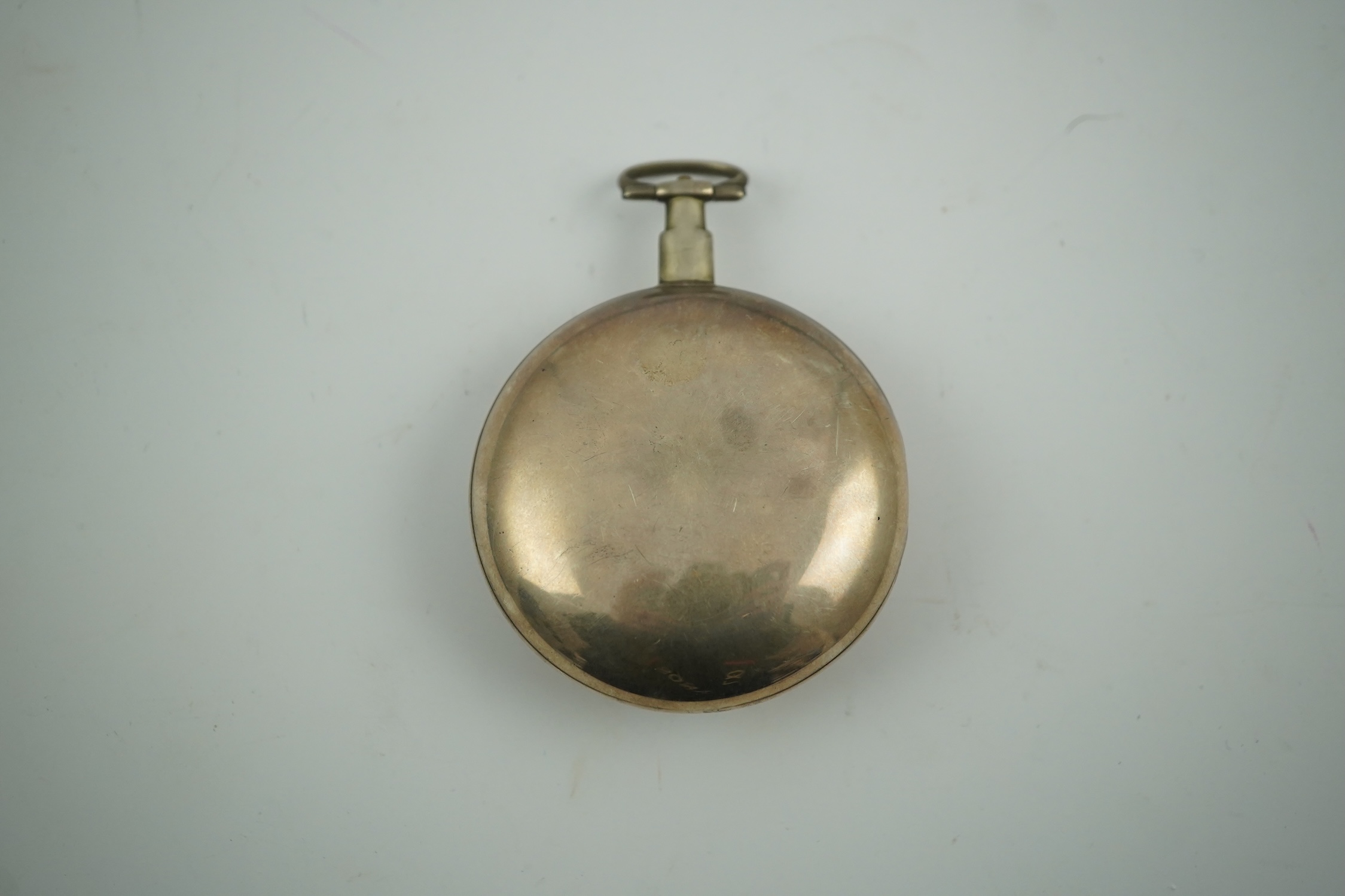 An unusual George III silver half hunter keywind pocket watch, by Recordon & Dupont, Cockspur St. Charing Cross, London, with Roman dial(a.f.), case diameter 48mm, case hallmarked for London, 1796. Condition - poor